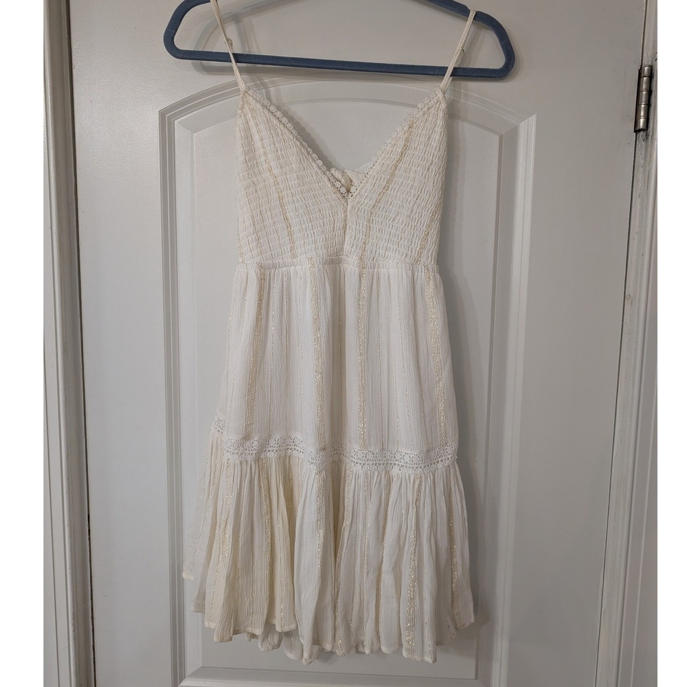 River Island Poolside White Gold‎ Metallic Stripe Smocked Mini Dress Womens XS